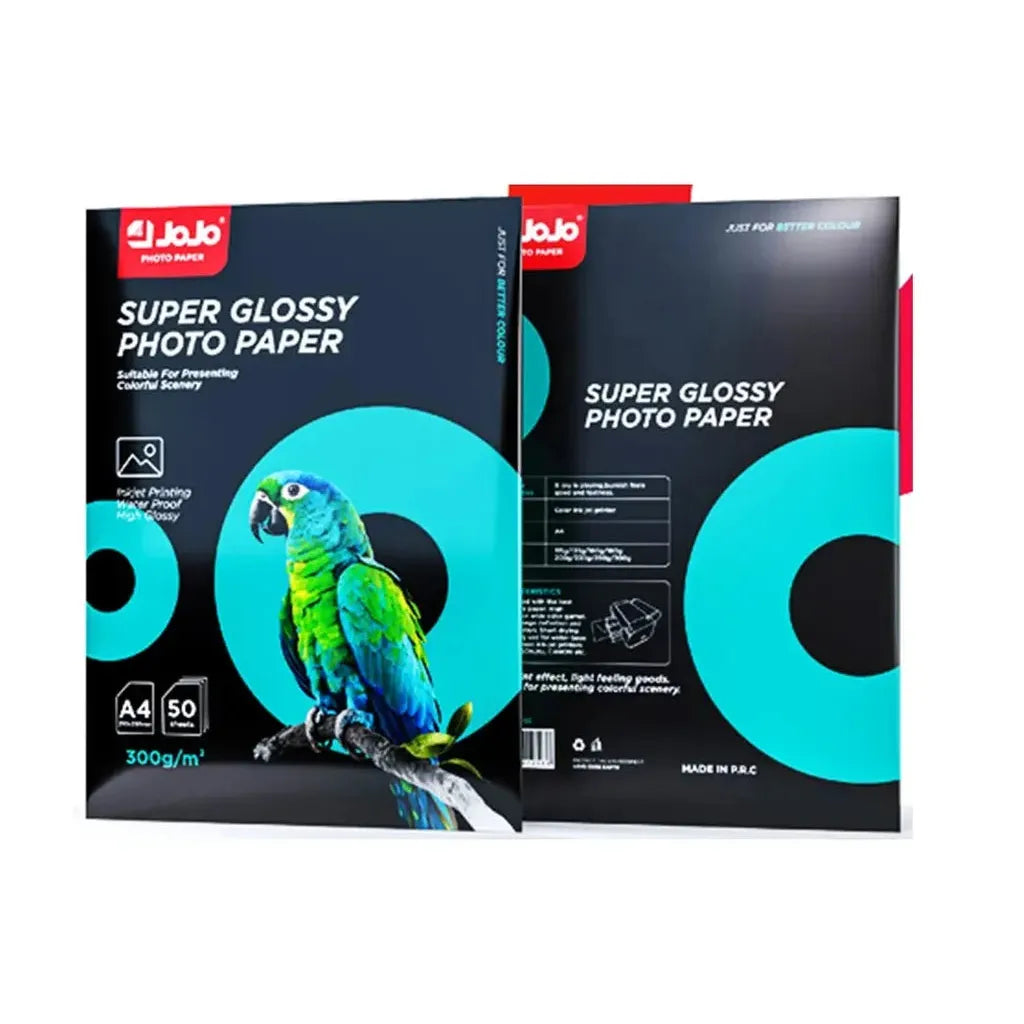 Two packages of JoJo Super Glossy Photo Paper with a parrot illustration on a white background