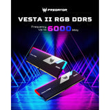 مجموعة ذاكرة سطح المكتب Acer Predator Vesta II RGB سعة 32 جيجابايت (2 × 16 جيجابايت) DDR5 6000 ميجاهرتز CL34 - فضي