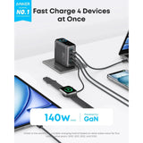 شاحن أنكر السريع بتقنية PD بقوة 140 واط، 4 منافذ، يدعم تقنية PD 3.1 مع كابل USB-C، لون رمادي داكن