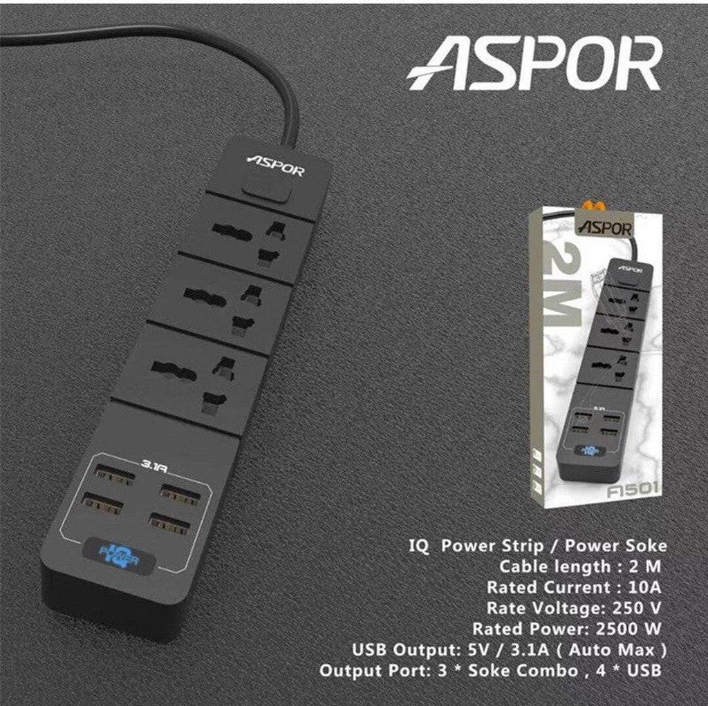 Aspor A501 Power Strip 3X Soke Combo 4 Usb Output Port Uk Plug-Power Tools-Other-Star Light Kuwait