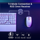 لوحة مفاتيح الألعاب اللاسلكية ASUS X902 ROG Strix Scope II 96 RX، بمفاتيح ROG RX الزرقاء، باللون الأبيض، تدعم اللغتين العربية والإنجليزية.