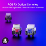 لوحة مفاتيح الألعاب اللاسلكية ASUS X902 ROG Strix Scope II 96 RX، بمفاتيح ROG RX الزرقاء، باللون الأبيض، تدعم اللغتين العربية والإنجليزية.