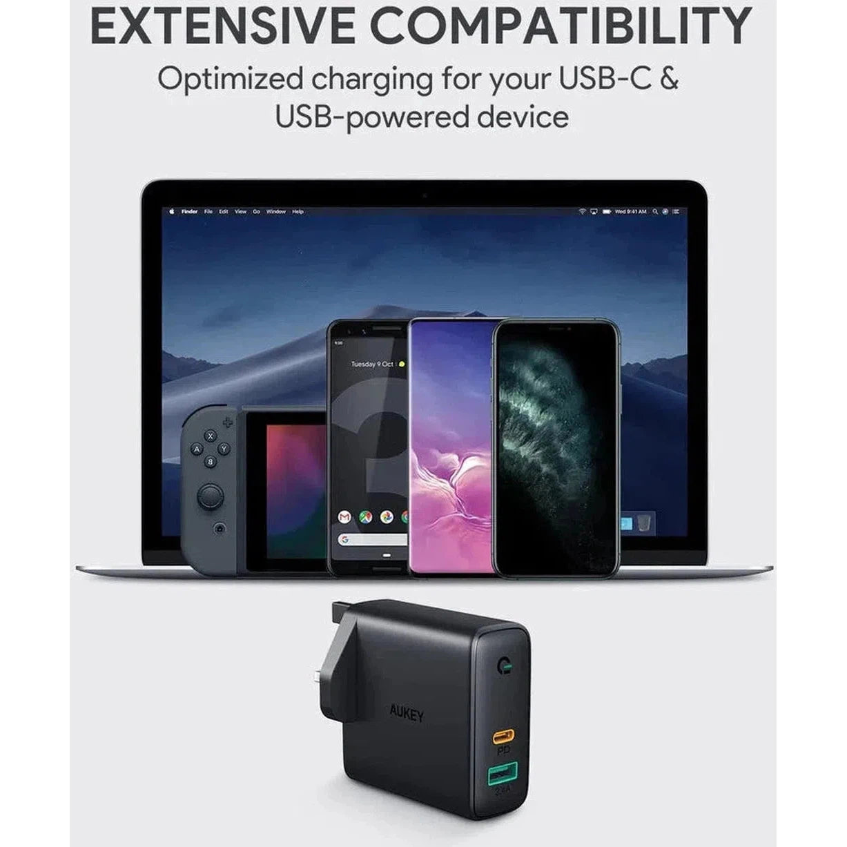 Aukey Pa-D3 Bk Dual-Port 60W Pd Wall Charger With Dynamic Detect With C To C Cable-Adapter-Aukey-Star Light Kuwait