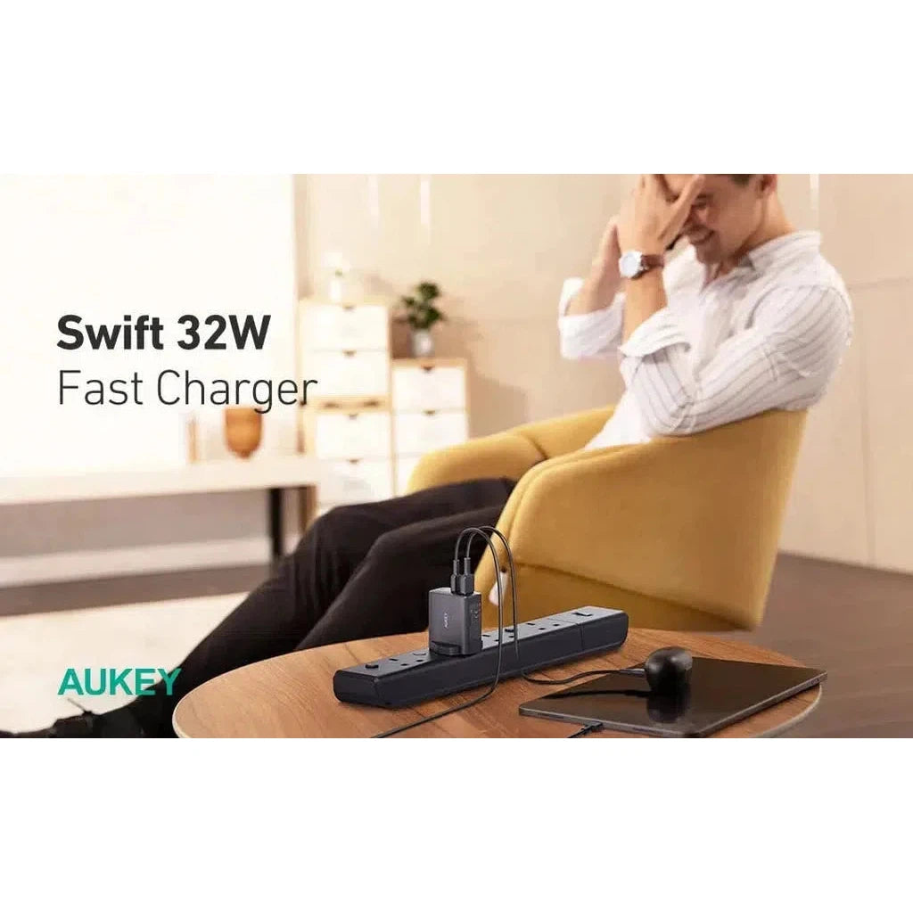 Aukey Pa-F3S Bk Dual Port 32W - Pd Usb C Wall Charger - Black-Adapter-Aukey-Star Light Kuwait