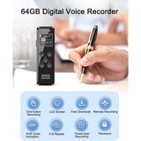 مسجل صوت رقمي مع خاصية التشغيل، سعة 64 جيجابايت | مسجل صوت للمحاضرات والاجتماعات، مشغل MP3