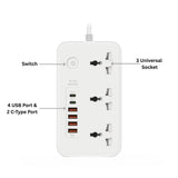 لوحة توزيع كهربائية مزودة بـ 4 منافذ USB، ومنفذين من النوع C، و3 منافذ كهربائية عالمية، بقدرة 3000 واط، وطول 5 أمتار.