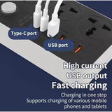 لوحة توزيع كهربائية مزودة بـ 4 منافذ USB، ومنفذين من النوع C، و3 منافذ كهربائية عالمية، بقدرة 3000 واط، وطول 5 أمتار.