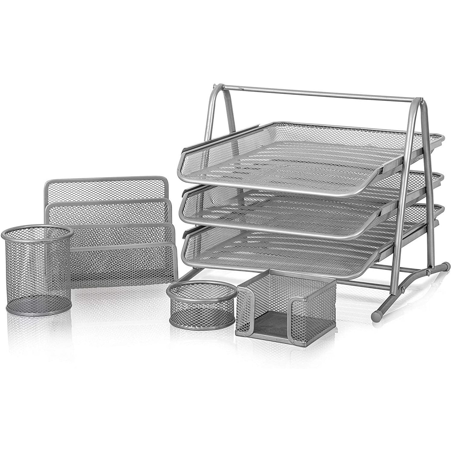 Foska Metal Mesh Office Stationery Organizer Set Of 5 - Hy2214-Accessories And Organizers-Other-Silver-Star Light Kuwait