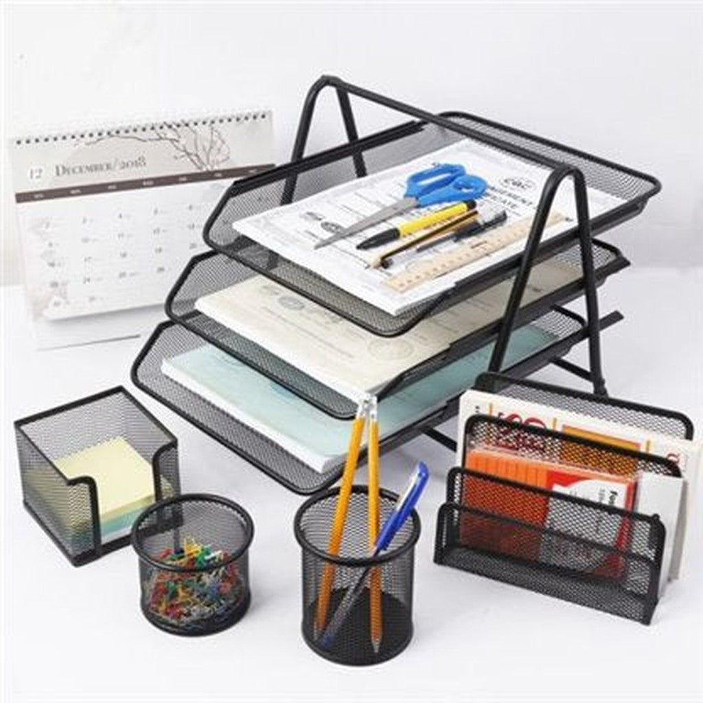 Foska Metal Mesh Office Stationery Organizer Set Of 5 - Hy2214-Accessories And Organizers-Other-Black-Star Light Kuwait