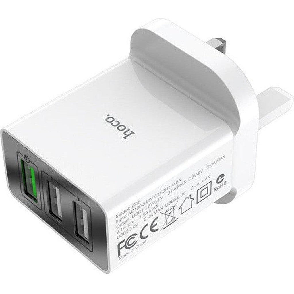 HOCO C48 Breakthrough QC3.0 three ports charger(UK) - White - Star Light Kuwait