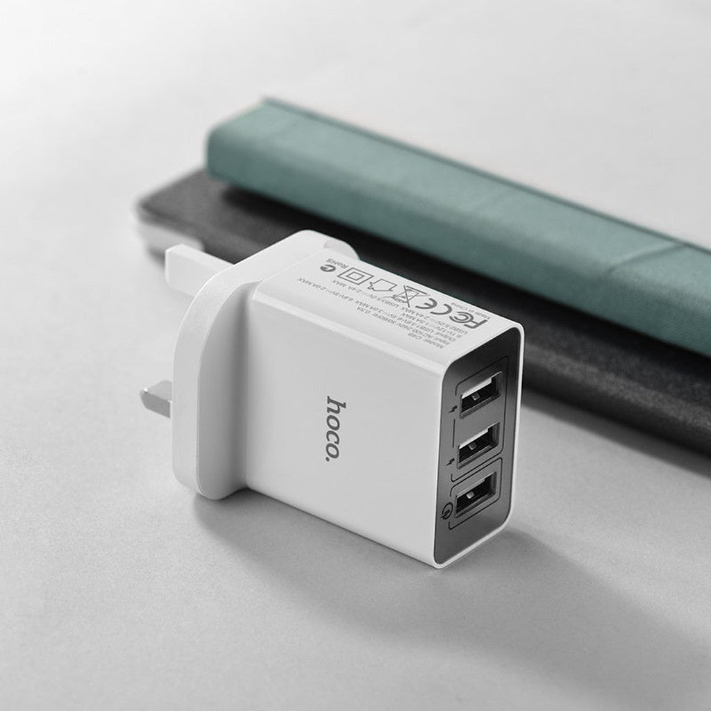 HOCO C48 Breakthrough QC3.0 three ports charger(UK) - White - Star Light Kuwait