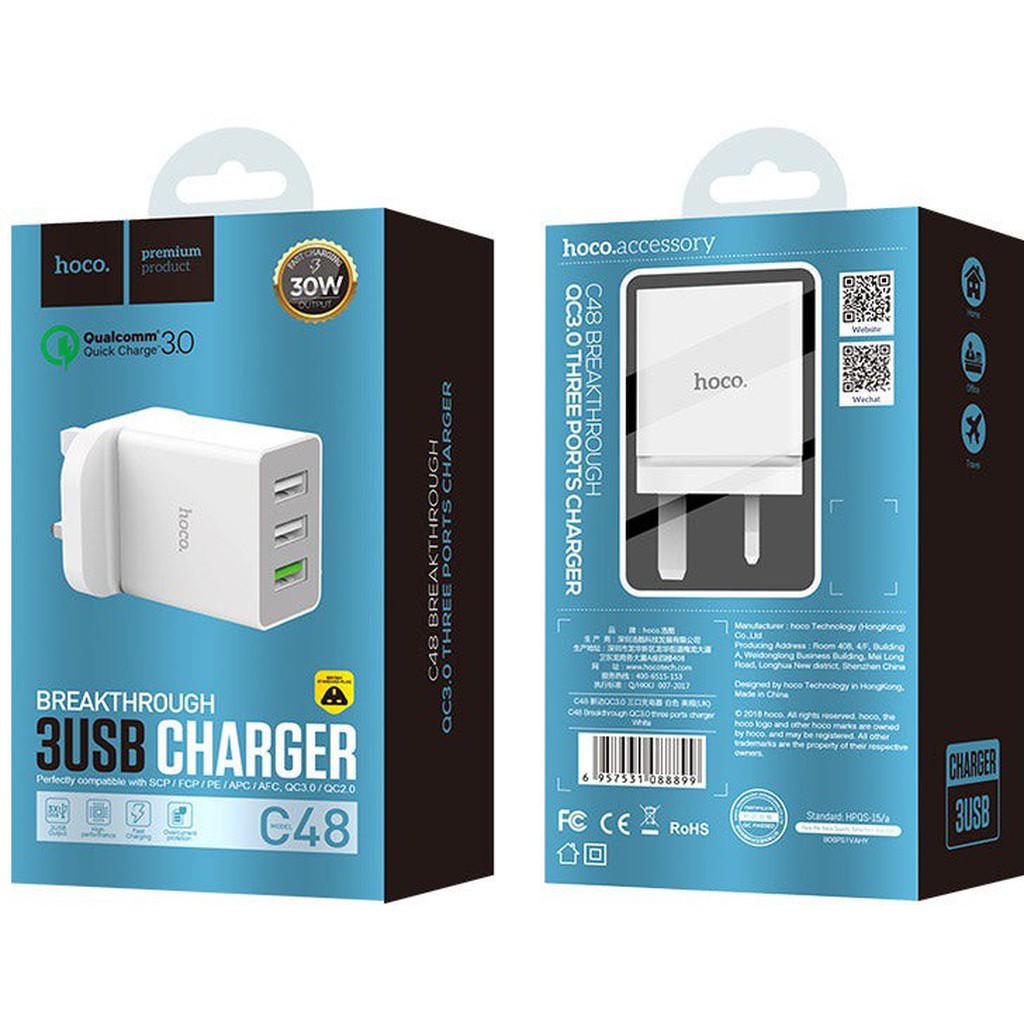 HOCO C48 Breakthrough QC3.0 three ports charger(UK) - White - Star Light Kuwait