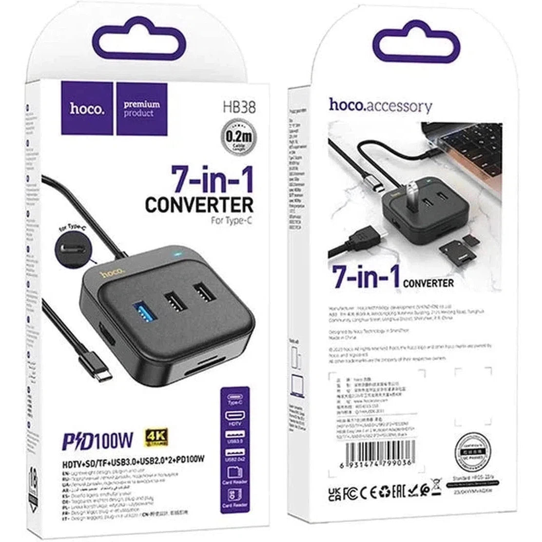 HOCO HB38 Easy link 7-in-1 Multiport Adapter(HDTV+SD/TF+USB3.0+USB2.0*2+PD100W) - Star Light Kuwait