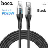 Hoco U115 Lightning to Type C PD 20W Transparent Data Cable With Display – 1.2 Meter / Black