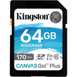 Kingston SD 64GB SDXC Canvas Go Plus 170MB/s Read UHS-I, C10, U3, V30 Memory Card (SDG3/64GB)