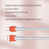 كابل بيانات Ldnio سميك من مادة TPE - USB 3.0 إلى Lightning / 30 واط / 4 أمتار - LS604
