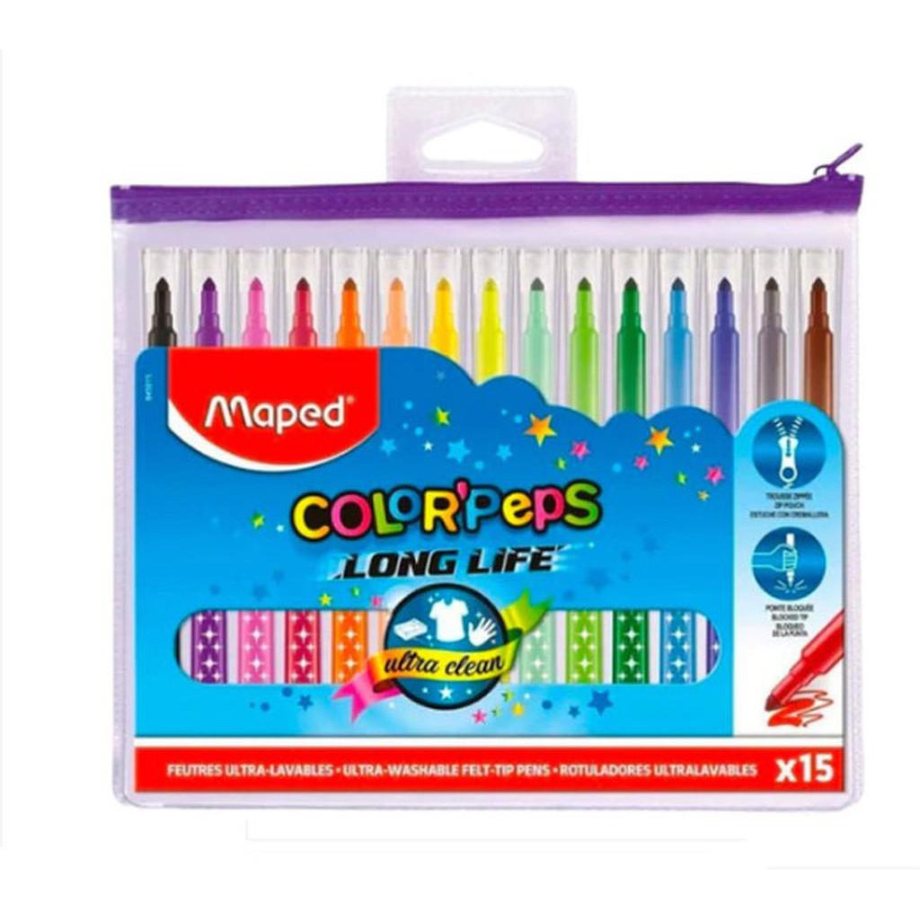 Maped Color Peps Long Life Ultra Washable Felt Tip Pens 15 Colors-Art And Crafts-Maped-Star Light Kuwait