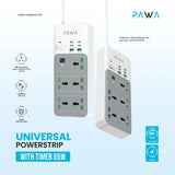 PAWA Universal Power Strip With Timer - 5 Way / 65W / USB-A / USB-C / White