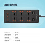 Porodo Blue 6 AC Dual Switch Power Strip - UK 3-Pin Plug / USB-C / USB-A / Black