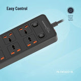 Porodo Blue 6 AC Dual Switch Power Strip - UK 3-Pin Plug / USB-C / USB-A / Black