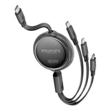 Promate TrioCord-R 3-in-1 Ultra-Fast Retractable Multi-Connector Cable - 1.1 Meter / USB-C / Lightning / Micro-USB / Black