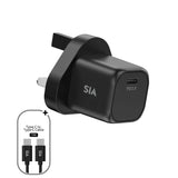 SIA MINI WALL CHARGER GAN PD/PPS 35W TYPE-C PORT WITH C-C CABLE 1M BLACK-UK SIVB35WUKP1-BK