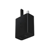 محول طاقة سامسونج ثنائي بقدرة 35 واط بتقنية الشحن السريع PD، مزود بمنفذ USB-C ومنفذ USB-A، أسود اللون، قابس بريطاني