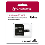 بطاقة ذاكرة ترانسيند فائقة الأداء بسعة 64 جيجابايت من نوع microSD UHS-I U3 A2 مع محول