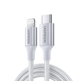 كابل UGREEN USB-C إلى Lightning ذكر/ذكر، غلاف من الألومنيوم المضفر، طول 1 متر، فضي - US304