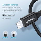 كابل UGREEN USB-C إلى Lightning ذكر/ذكر، غلاف مطاطي، طول 2 متر، أسود - US171