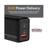 Promate 65W Power Delivery GaNFast Charging Adaptor UK Plug Charge From Earbuds to Macbook Pro 16" Black