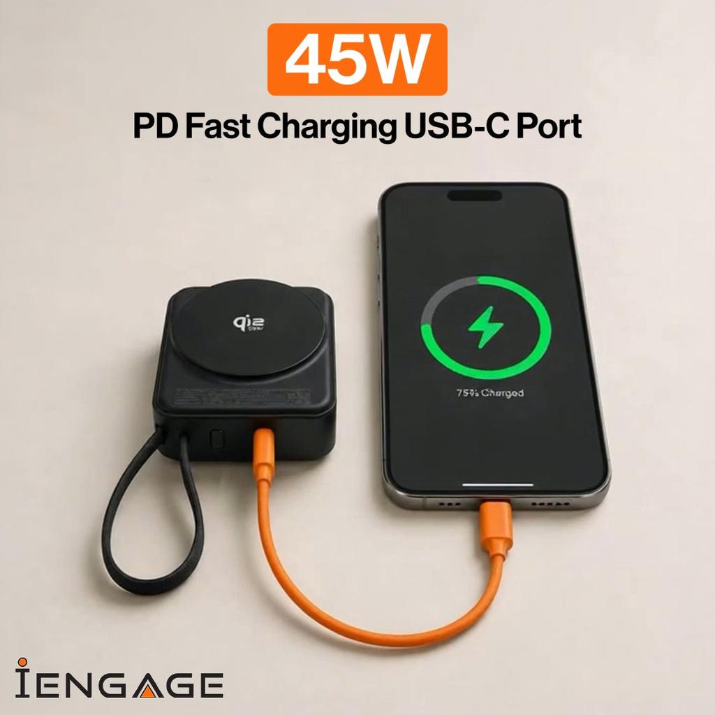 iEngage 10000mAh Semi-Solid Battery Qi2.2 MagSafe Power Bank with Built-In Cable