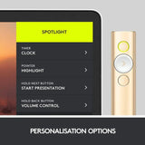 Logitech Spot Light Presentation Remote Wireless/Bluetooth High-Light & Magnify On Screen Cursor Control To Play - Gold