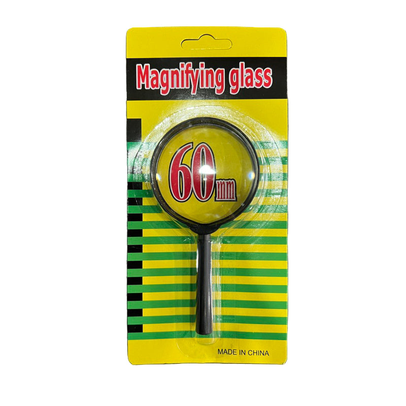 60mm magnifying glass in packaging with yellow and green striped design
