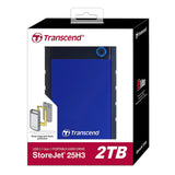قرص صلب Transcend StoreJet 25M3C بسعة 2 تيرابايت، مزود بمنفذ USB من النوع C، يدعم USB 3.1 من الجيل الأول، بسرعة تصل إلى 5 جيجابت في الثانية.