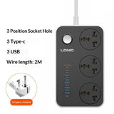 LDNIO SC3604C Extension Sockets - 3 Way / 2 Meters / 3x USB / 3x USB-C / Black