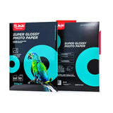 Two packages of JoJo Super Glossy Photo Paper with a parrot illustration on a white background