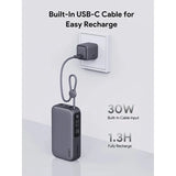 AUKEY PB-Y47 Spark Sling Power Bank with Built-in USB-C Cable - 30W / 10,000mAh / USB-C / Grey