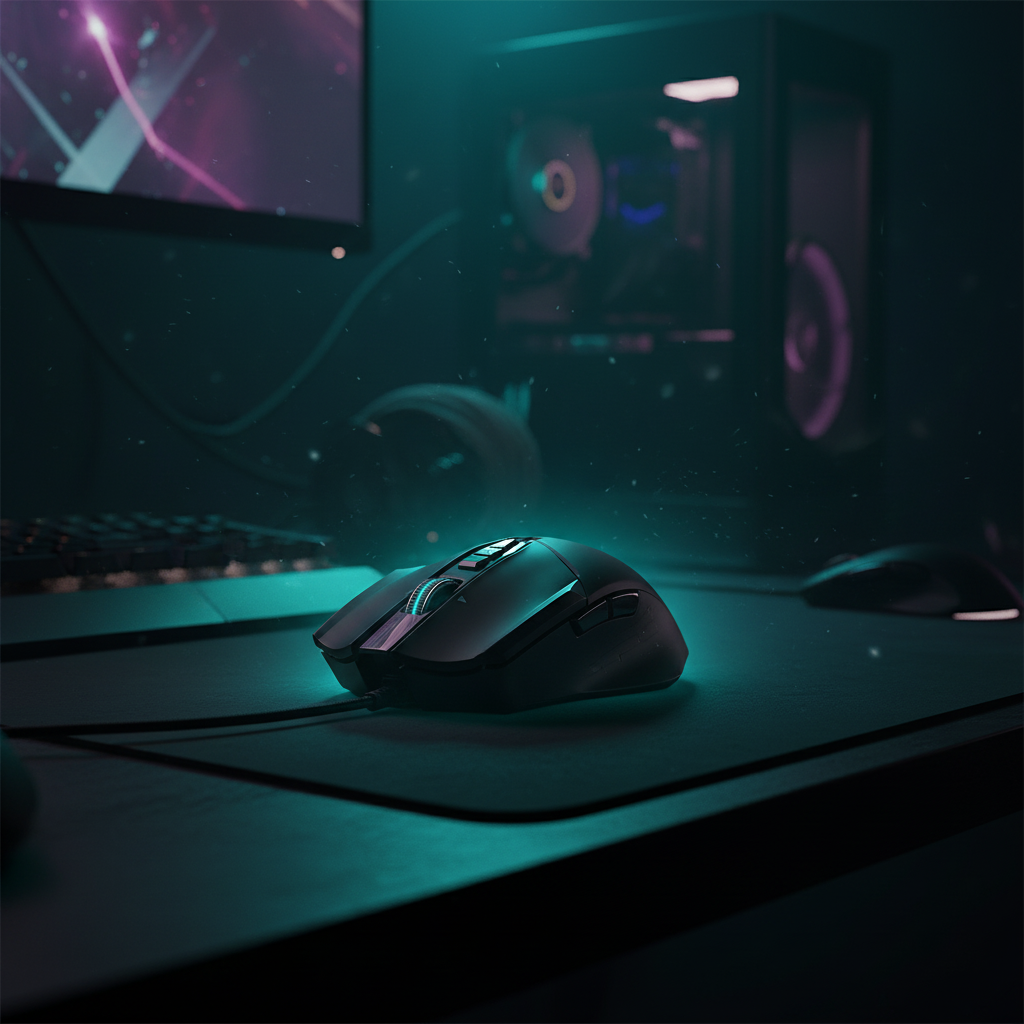 Acer Predator Cestus 335 gaming mouse with RGB teal glow on dark gaming desk setup