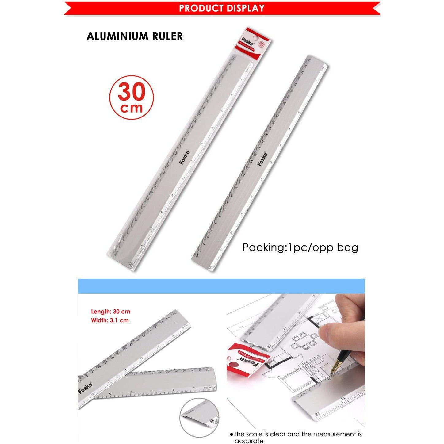 Aluminium Ruler 30Cm Foska Rf1603-30-Accessories And Organizers-Foska-Star Light Kuwait