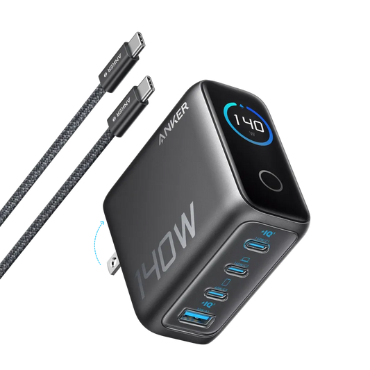 شاحن أنكر السريع بتقنية PD بقوة 140 واط، 4 منافذ، يدعم تقنية PD 3.1 مع كابل USB-C، لون رمادي داكن