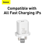 Baseus 20W PD Mini Charger Super Si 1C Wall Charger USB Type C UK and USB Type C - Lightning cable 1M White
