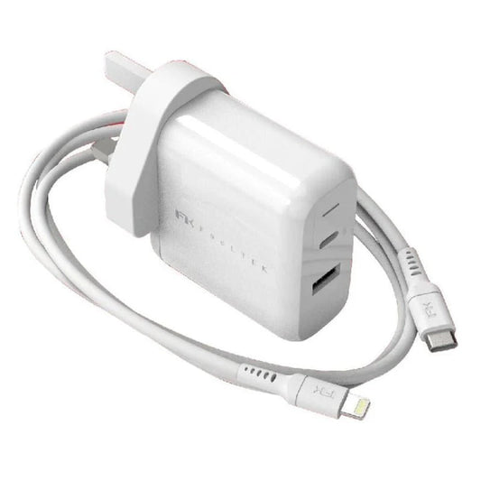 Feeltek Fast Charging Dual Pack - Elec PD UK Charger 30W + USB-C to Lightning Cable 180 cm / White