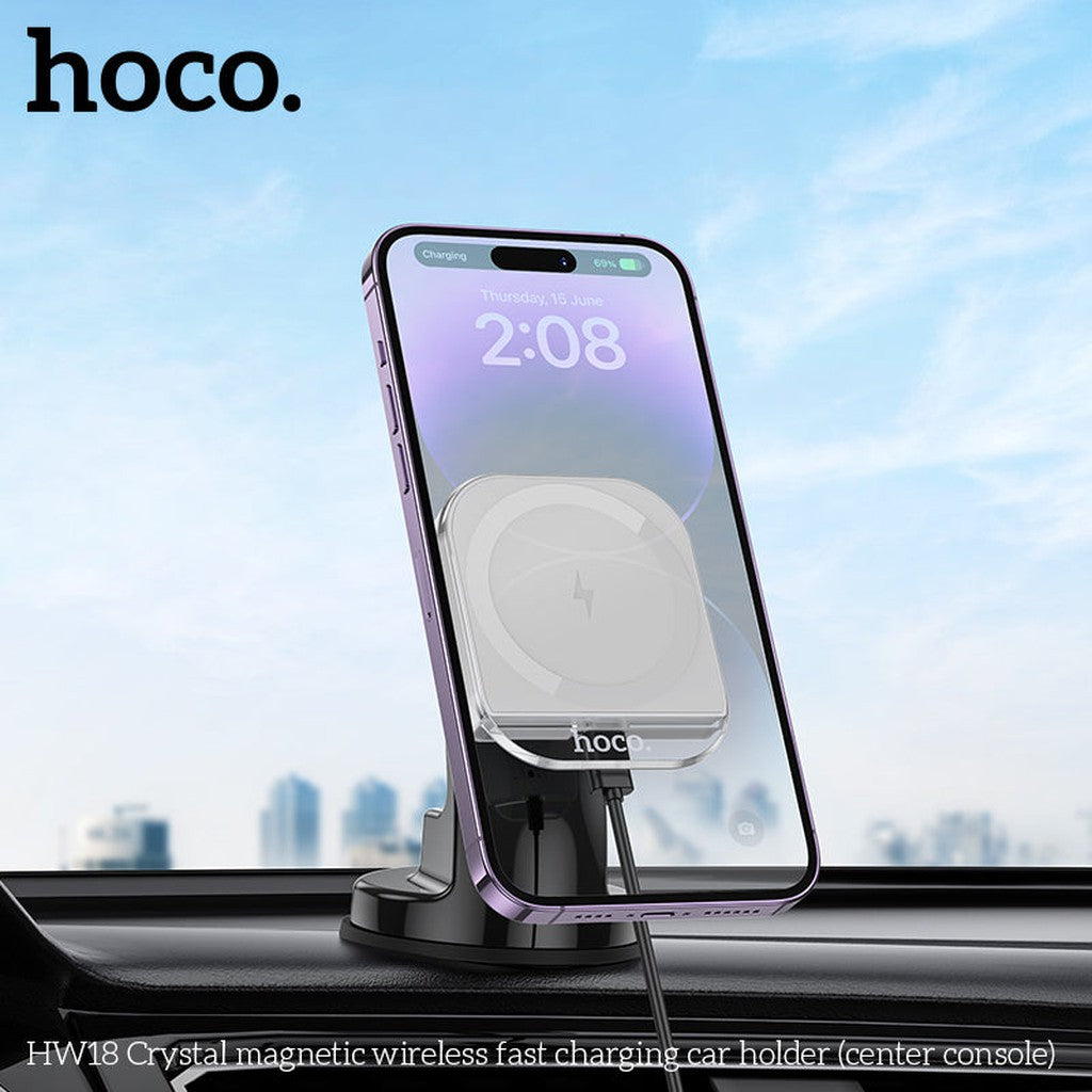 HOCO HW18 Crystal magnetic wireless fast charging car holder(center console) - Grey - Star Light Kuwait