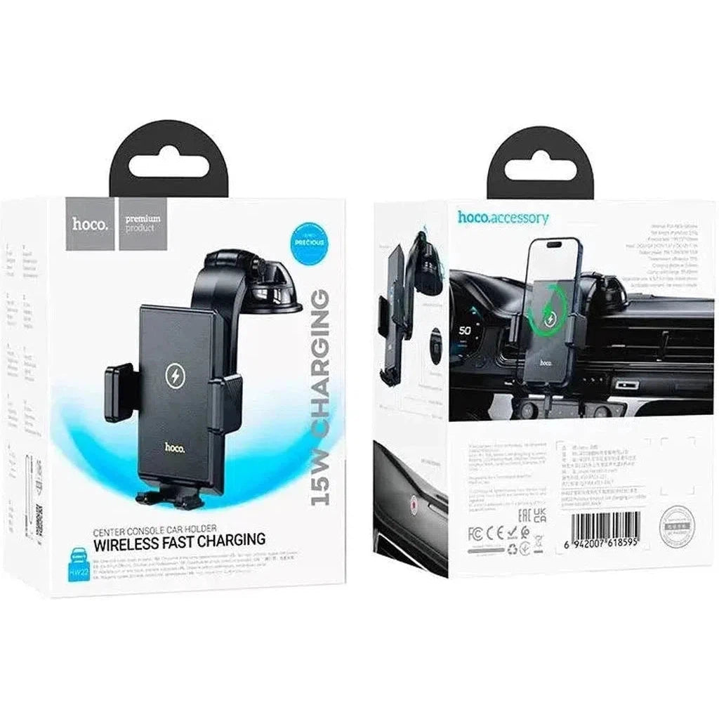 HOCO HW22 Precious wireless fast charging car holder(center console) - Black - Star Light Kuwait