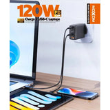 Moxom PD 120W Charge 2 Usb-c Laptops PD GaN 4Ports Fast Charger Support Laptop Tablet Phone Uk Plug