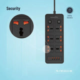 Porodo Blue 6 AC Dual Switch Power Strip - UK 3-Pin Plug / USB-C / USB-A / Black