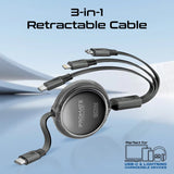 Promate TrioCord-R 3-in-1 Ultra-Fast Retractable Multi-Connector Cable - 1.1 Meter / USB-C / Lightning / Micro-USB / Black