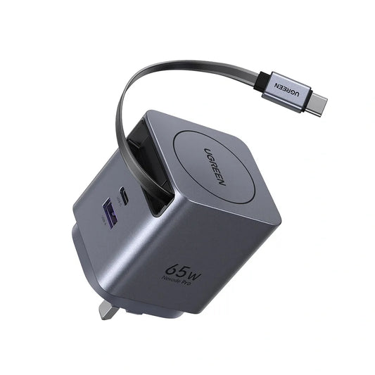 UGREEN 65W Nexode Pro GaN (USB-A*1 + Type-C*1) Fast Charger with Retractable Cable – X615 - 1 Year Warranty