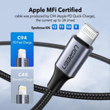 كابل UGREEN USB-C إلى Lightning ذكر/ذكر، غلاف من الألومنيوم المضفر، طول 1 متر، فضي - US304